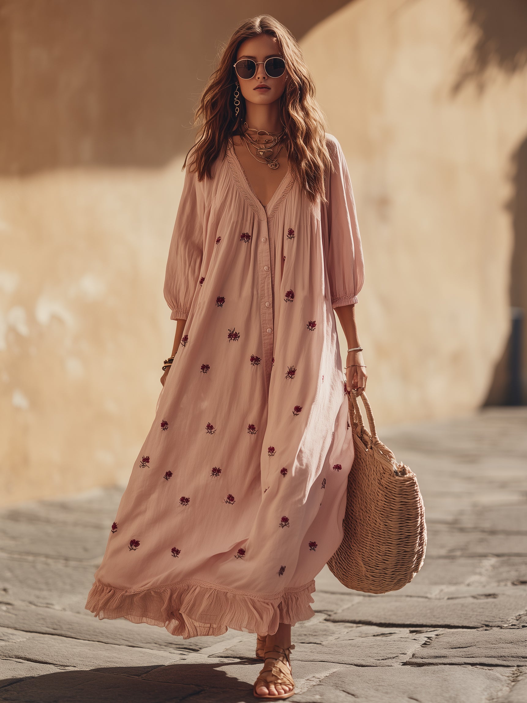 Cottagecore Crinkled Cotton Dusty Pink Floral Embroidery V Neck Three Quarter Sleeve Ruffle Hem Maxi Dress