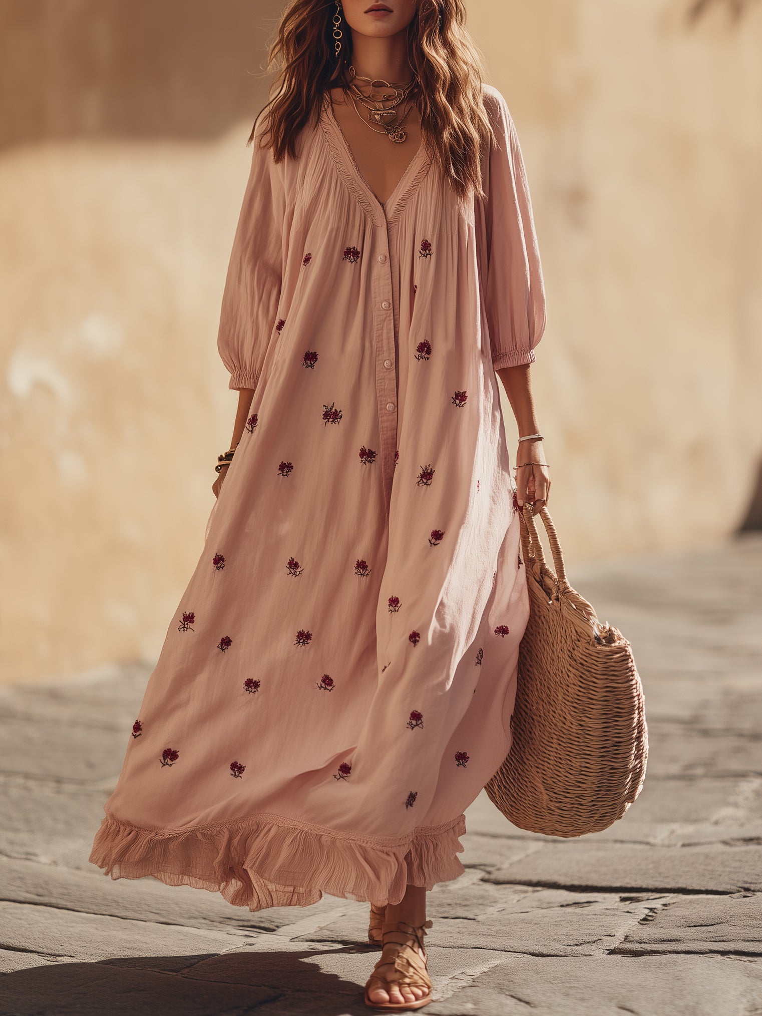 Cottagecore Crinkled Cotton Dusty Pink Floral Embroidery V Neck Three Quarter Sleeve Ruffle Hem Maxi Dress