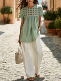 Trendy Woven Patchwork Short-sleeved Top And Cotton-linen Wide-leg Pants Set