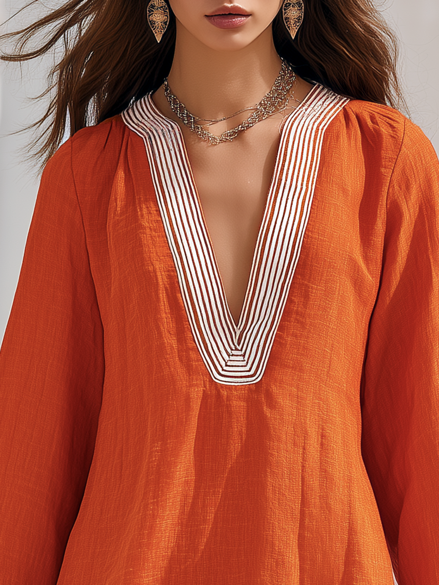 Resort-style V-neck Flared Sleeve Ruffle Mini Dress