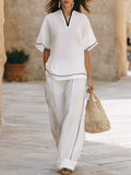 Mediterranean Holiday Textured Linen Blend White Black Piping V Neck Short Sleeve Top Wide Leg Pant Set