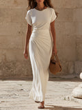 Minimalist Resort Textured Linen Blend Round Neck Cap Sleeve Waist Ruched Maxi Dress
