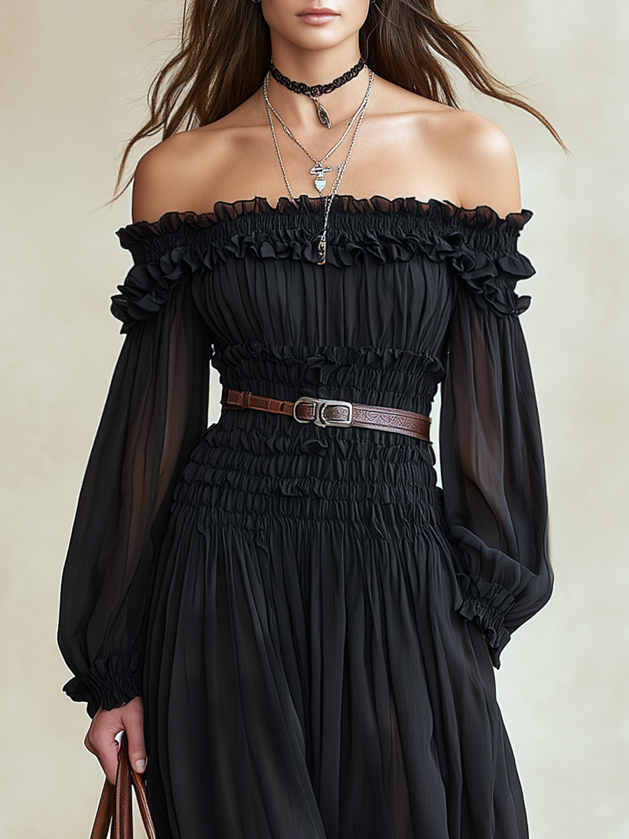 Vacation-style Off-shoulder Long-sleeve Ruffled Chiffon Maxi Dress