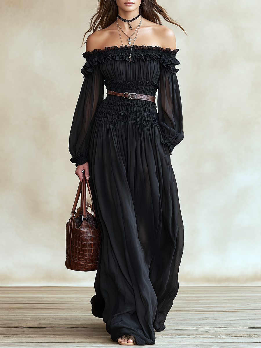 Vacation-style Off-shoulder Long-sleeve Ruffled Chiffon Maxi Dress