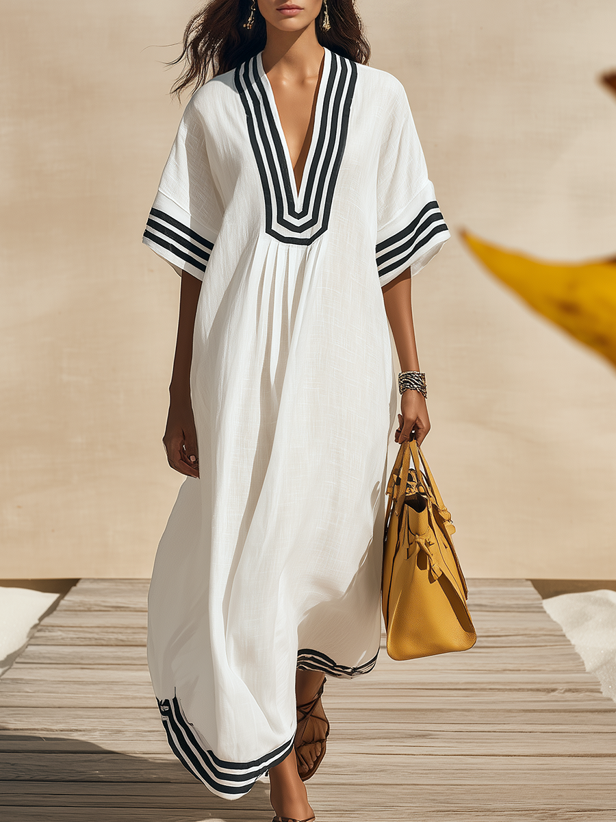 Resort-style V-neck Short-sleeved Striped Midi Dress
