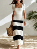 Vacation-style Square-neck Short-sleeve Color-block Stripes Maxi Dress