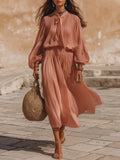 Romantic Resort Sheer Chiffon Dusty Pink Tie Neck Balloon Sleeve Pleated Midi Two Piece Set