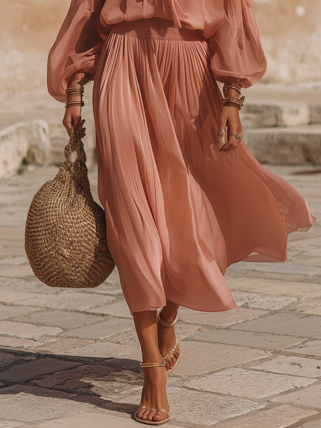 Romantic Resort Sheer Chiffon Dusty Pink Tie Neck Balloon Sleeve Pleated Midi Two Piece Set