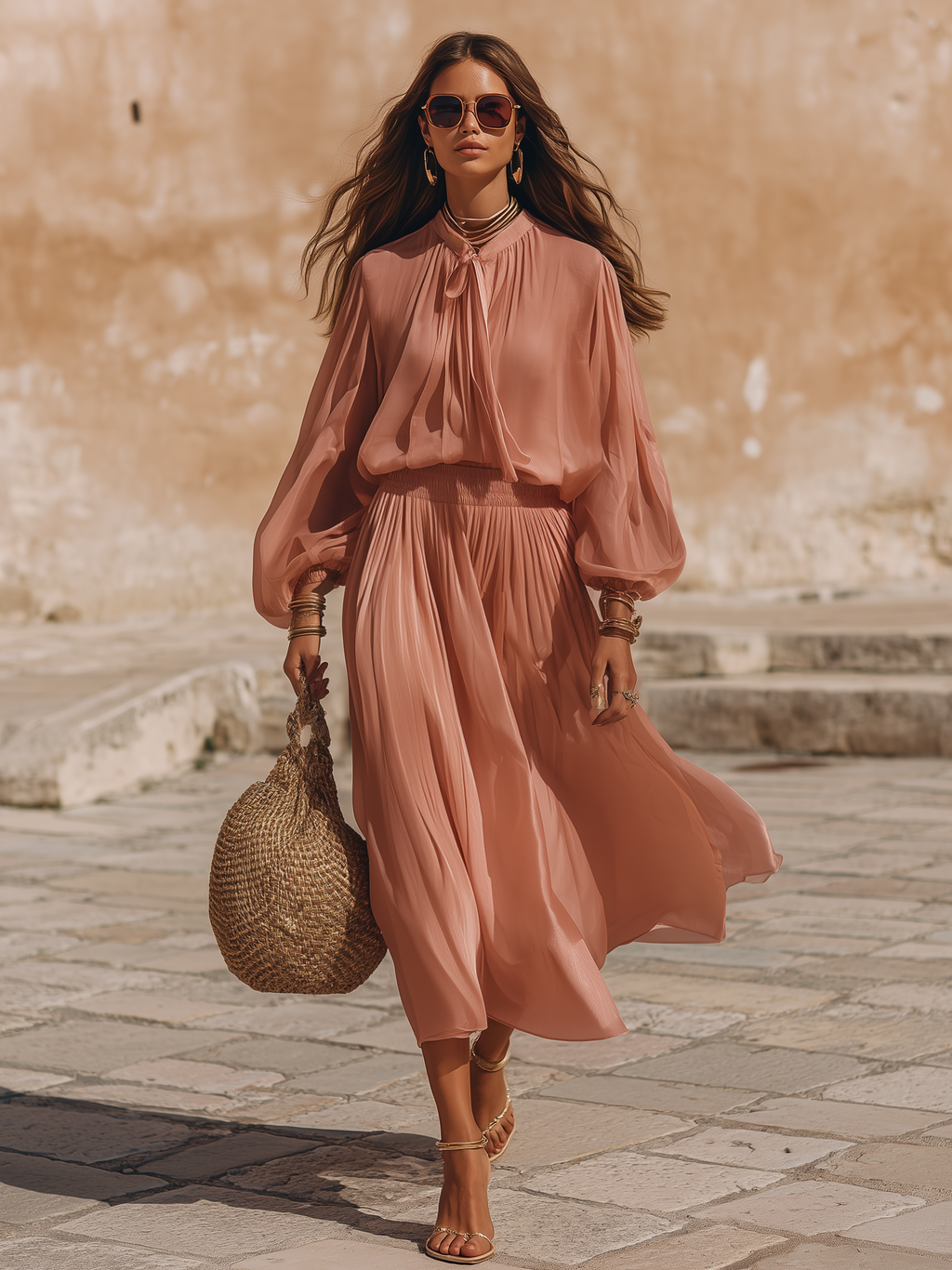 Romantic Resort Sheer Chiffon Dusty Pink Tie Neck Balloon Sleeve Pleated Midi Two Piece Set