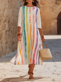 Boho Holiday Crinkled Woven Fabric Rainbow Vertical Stripe Crew Neck Three Quarter Sleeve Loose Midi Dress
