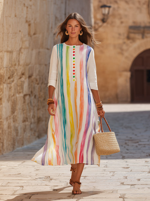 Boho Holiday Crinkled Woven Fabric Rainbow Vertical Stripe Crew Neck Three Quarter Sleeve Loose Midi Dress