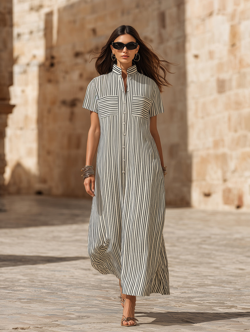 Minimalist Resort Linen Blend Vertical Stripe Stand Collar Short Sleeve Pocket Shirt Maxi Dress