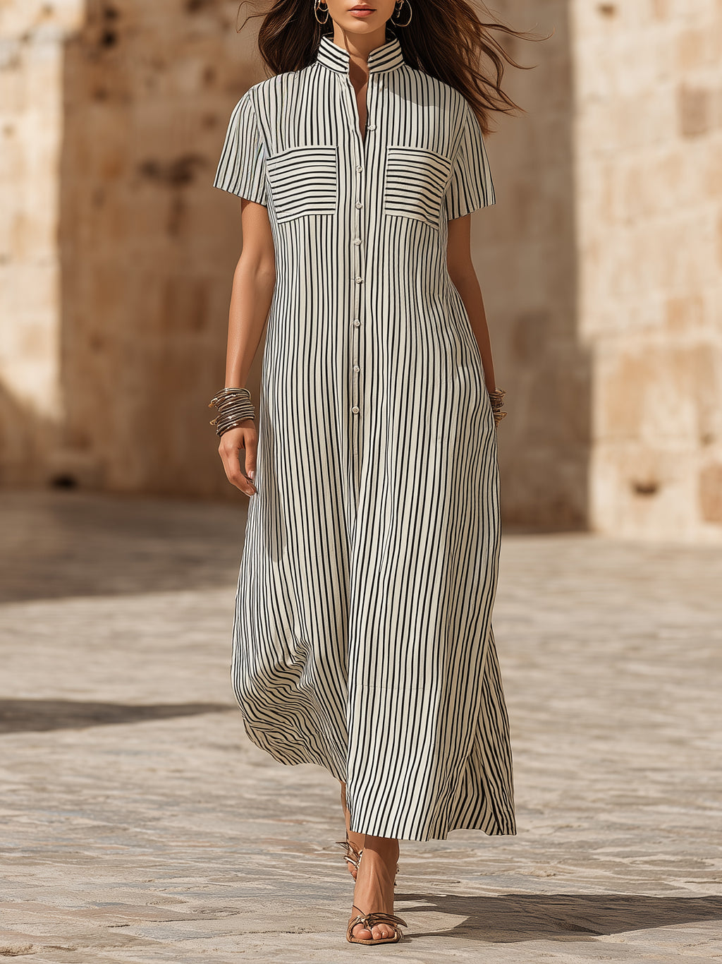 Minimalist Resort Linen Blend Vertical Stripe Stand Collar Short Sleeve Pocket Shirt Maxi Dress