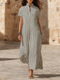 Minimalist Resort Linen Blend Vertical Stripe Stand Collar Short Sleeve Pocket Shirt Maxi Dress
