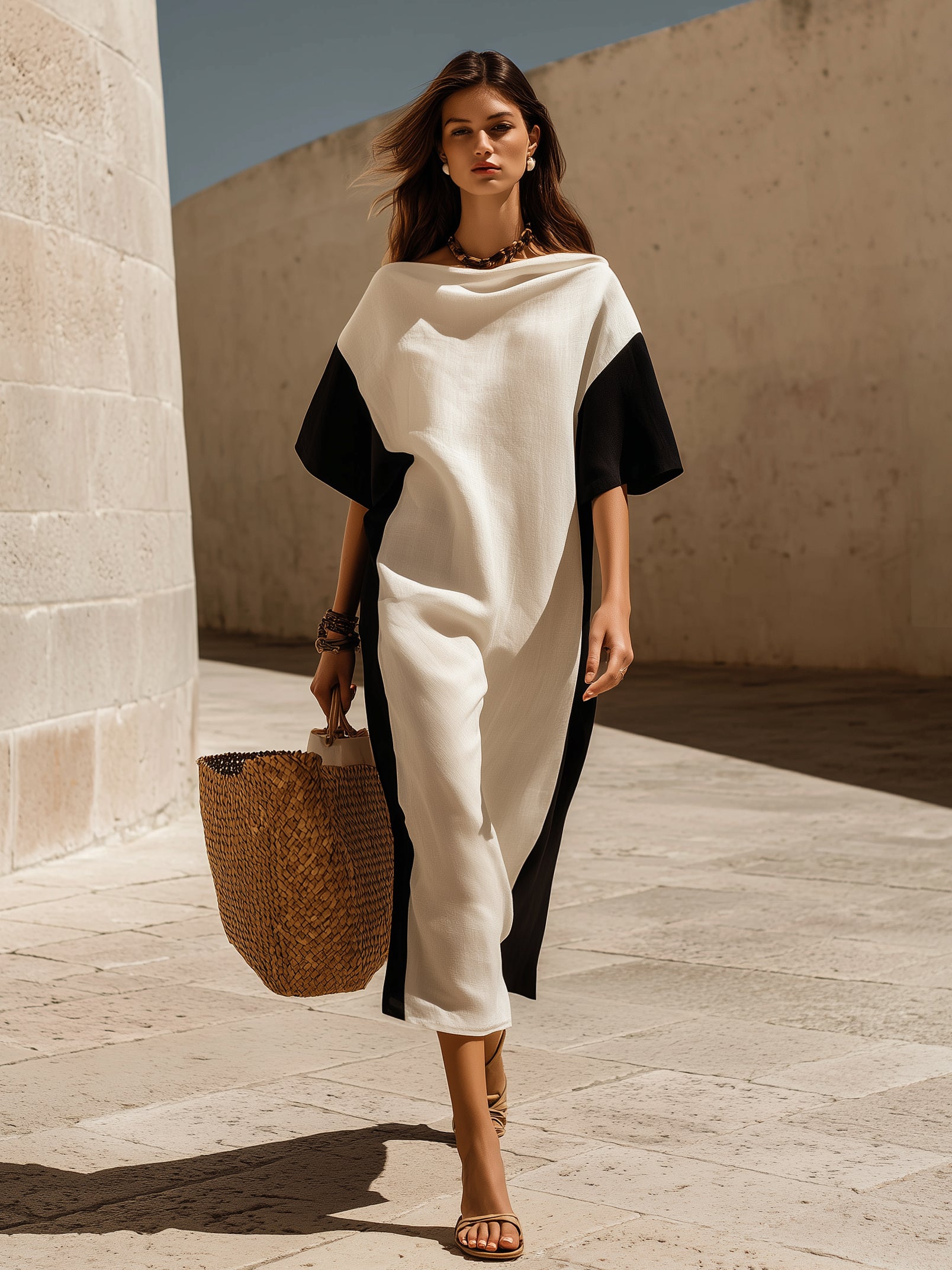 Minimalist Resort Linen Blend Black White Color Block Cowl Neck Short Sleeve Loose Midi Dress