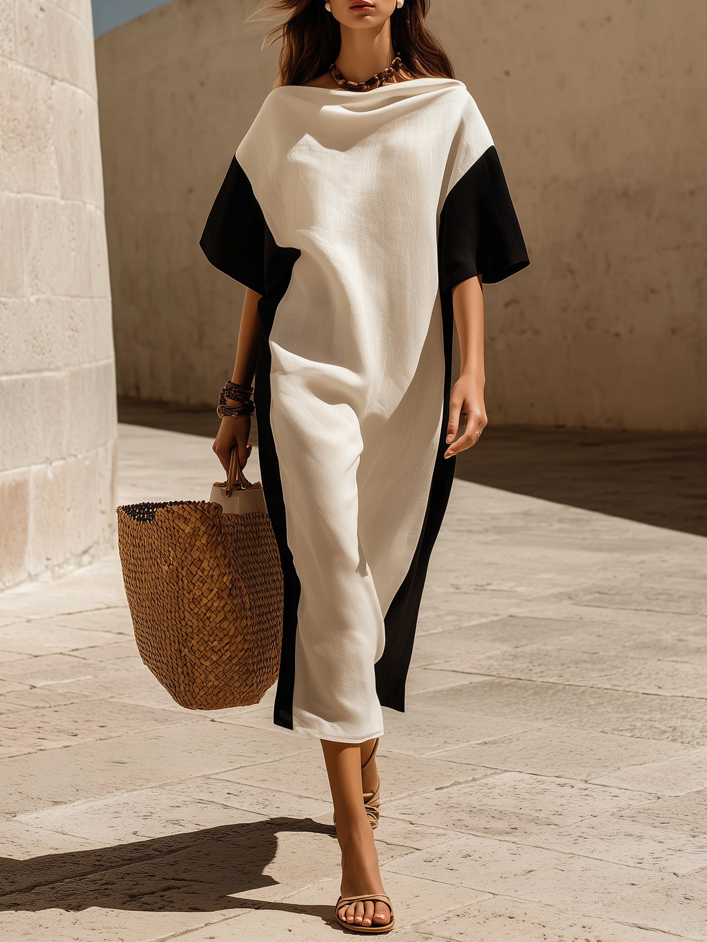 Minimalist Resort Linen Blend Black White Color Block Cowl Neck Short Sleeve Loose Midi Dress