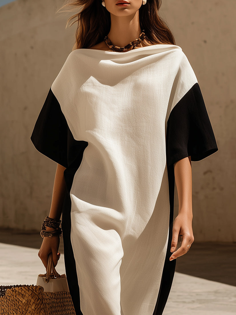 Minimalist Resort Linen Blend Black White Color Block Cowl Neck Short Sleeve Loose Midi Dress