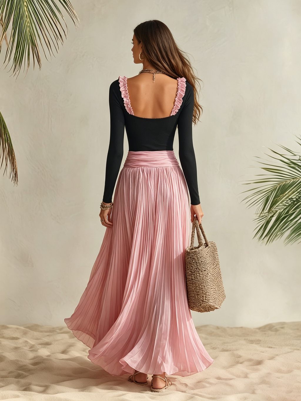 Vacation-style Long-sleeve Square Neck Ruffles And Color-blocking Maxi Dress