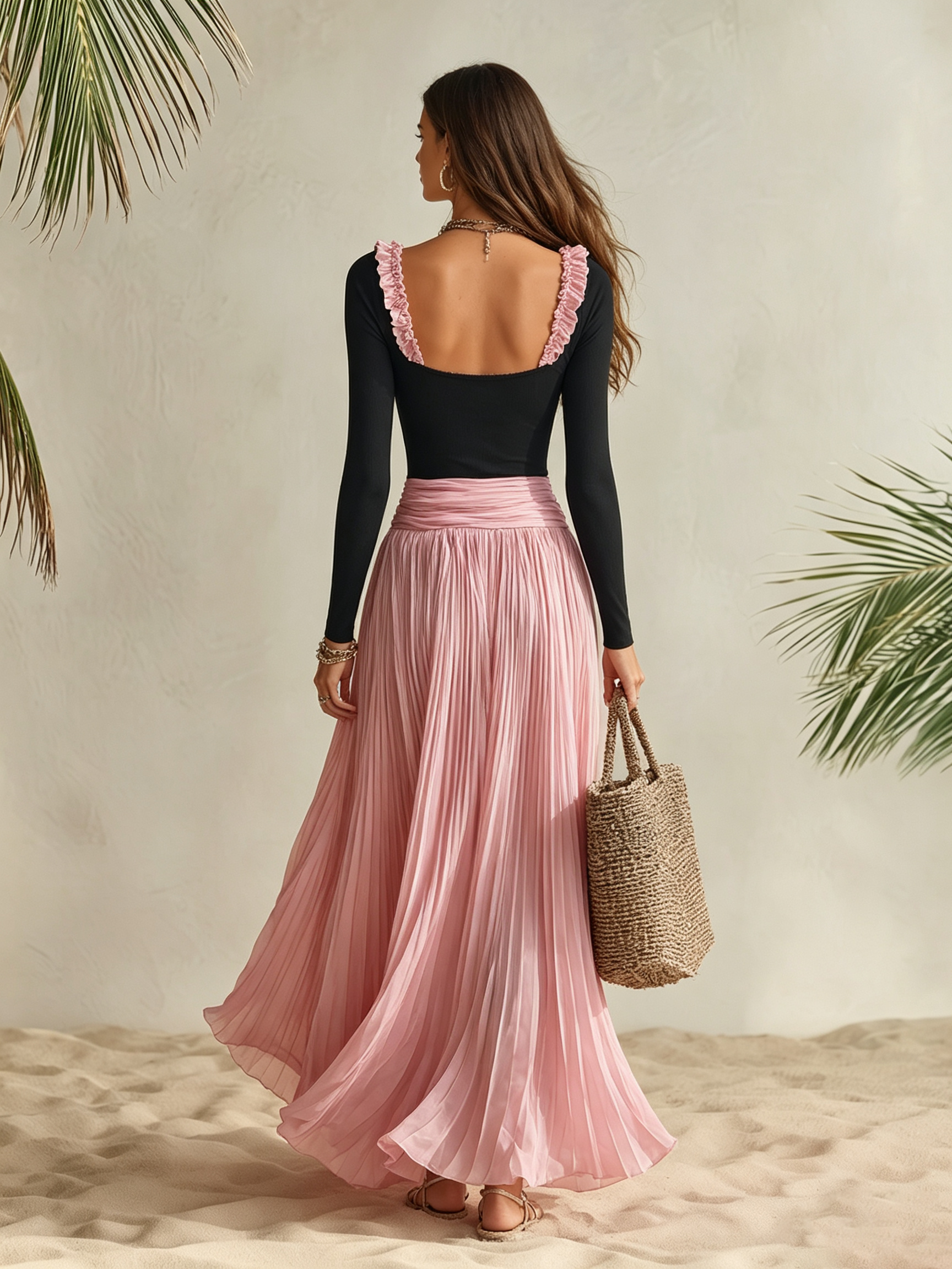 Vacation-style Long-sleeve Square Neck Ruffles And Color-blocking Maxi Dress