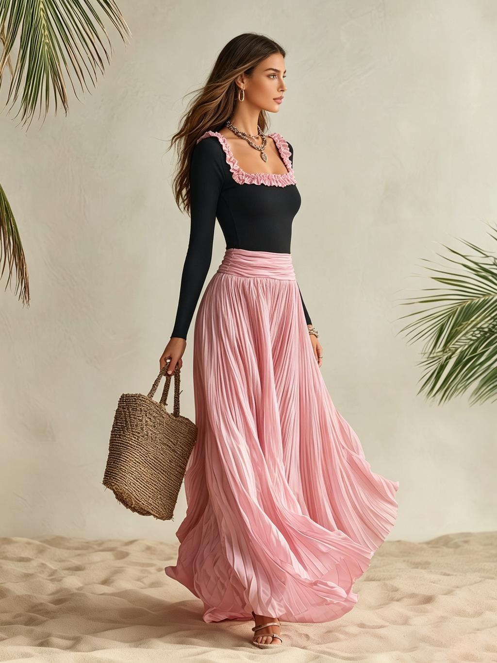 Vacation-style Long-sleeve Square Neck Ruffles And Color-blocking Maxi Dress