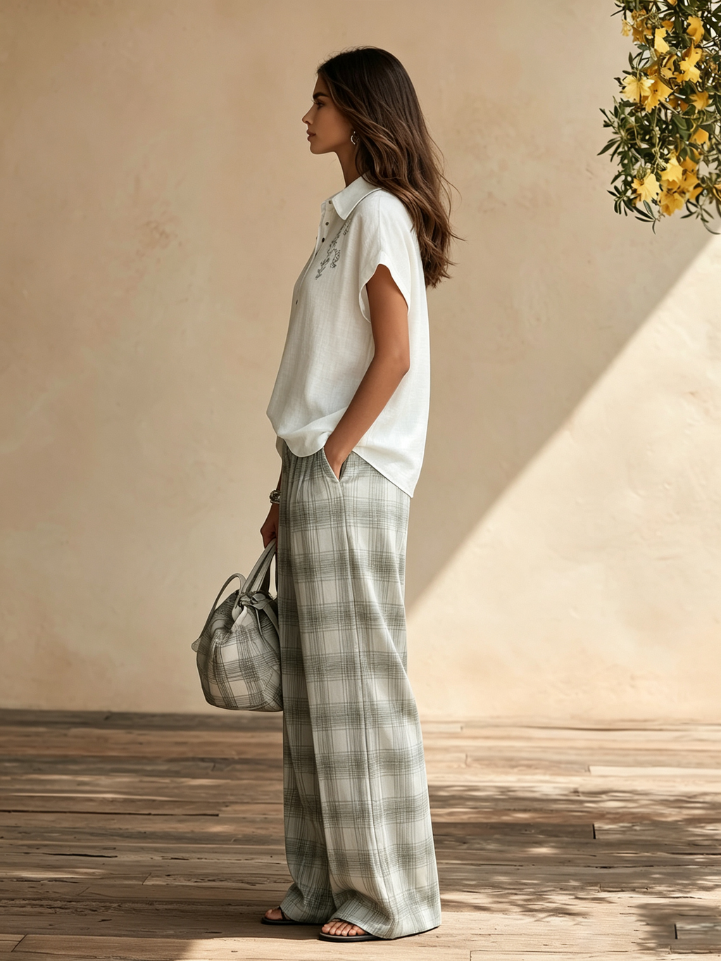 Resort-style Short-sleeved Embroidered Top And Plaid Trousers Set