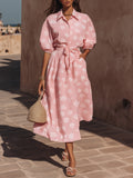 Romantic Resort Light Woven Fabric Pink White Rose Print Collar Puff Sleeve Tie Waist Shirt Midi Dress