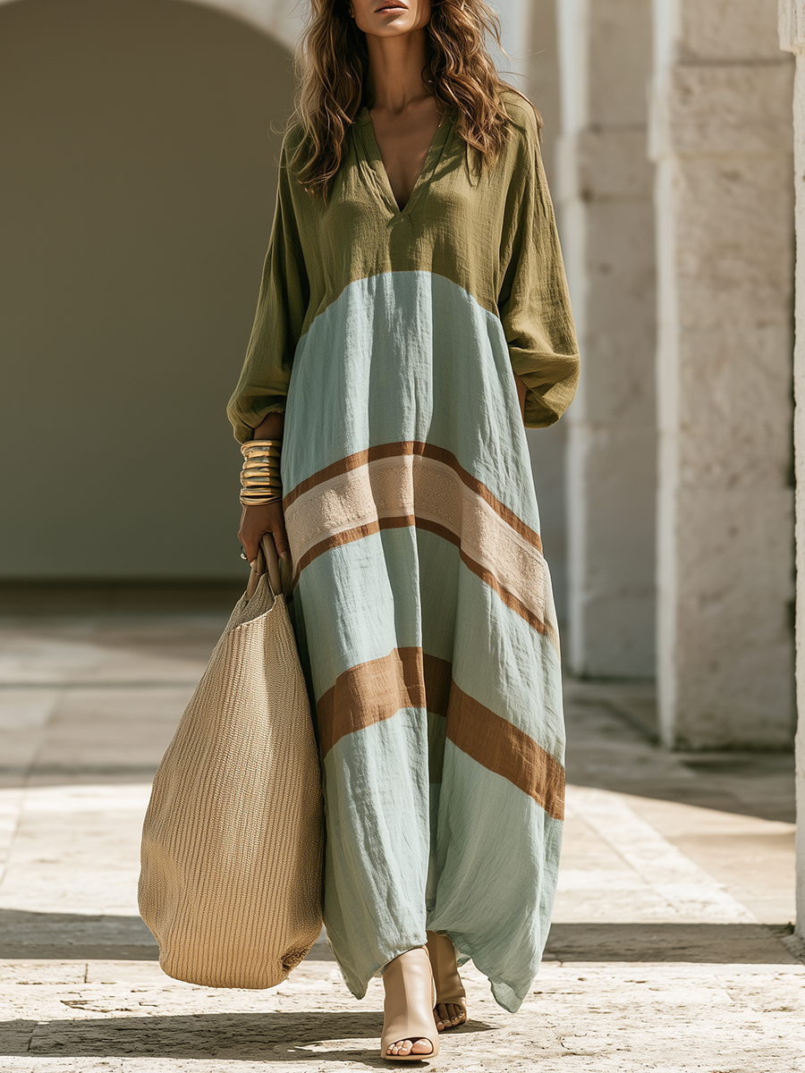 Loose-fitting Bohemian Long-sleeve Color-block Cotton-linen Maxi Dress
