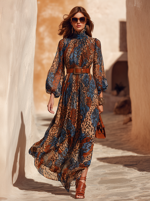 Bohemian Colorful Leopard Print Chiffon Maxi Dress