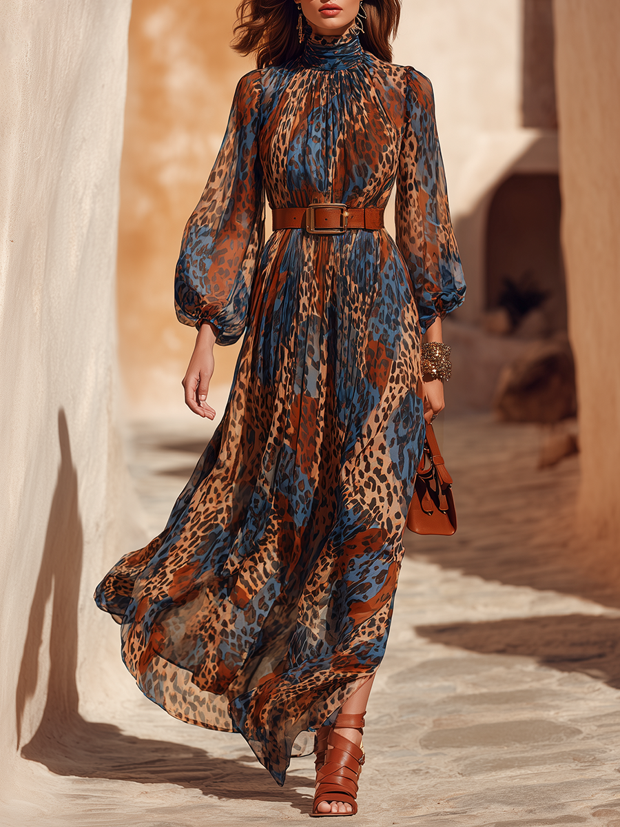 Bohemian Colorful Leopard Print Chiffon Maxi Dress