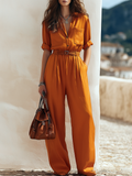 Resort-style V-neck Mid-length Sleeves Top And Trousers Set