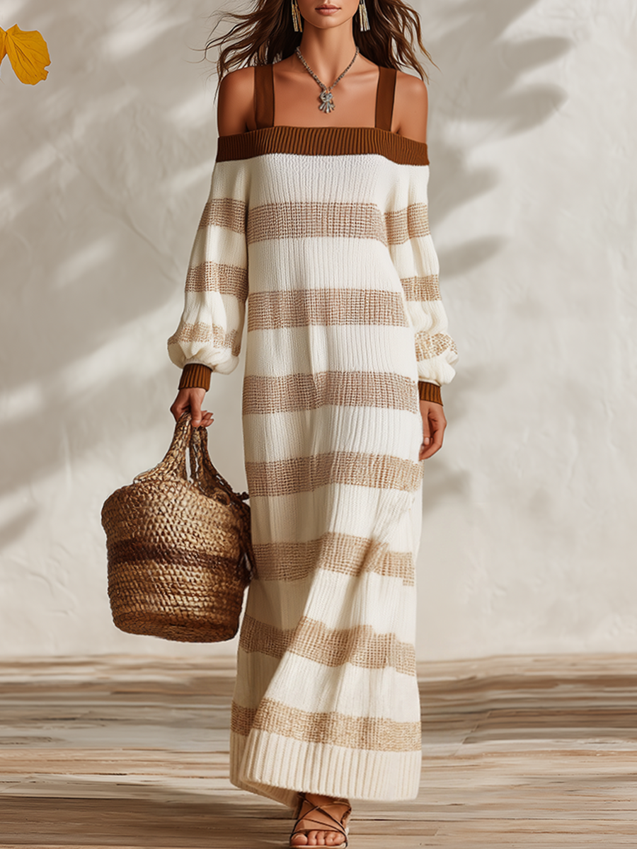 Resort-style Striped Long-sleeve Off-shoulder Knit Maxi Dress