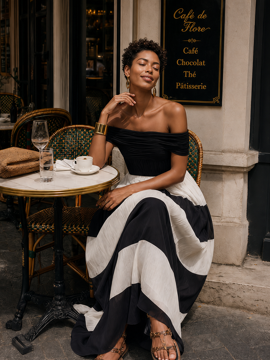 Chic Vacation Off-Shoulder Black And White Striped Chiffon Maxi Dress