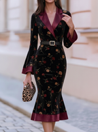 Black Rose Velvet Flare Sleeve Midi Dress