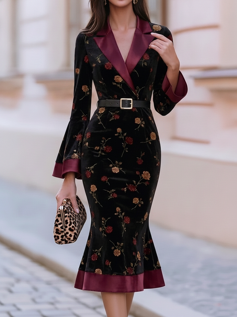 Black Rose Velvet Flare Sleeve Midi Dress