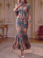 Blue Floral High Neck Ruffle Dress