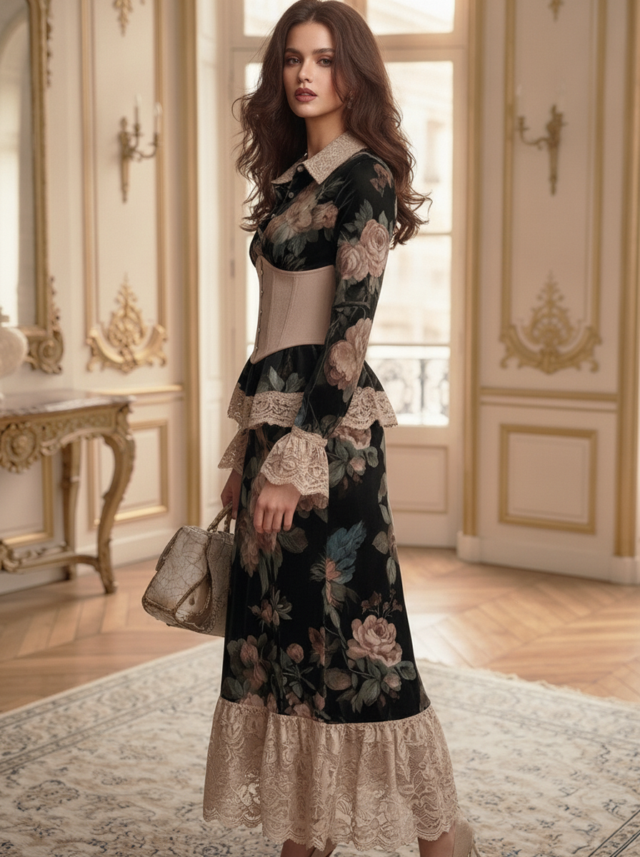 Black Floral Corset Mermaid Dress