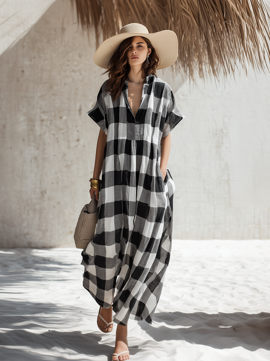 Simple Casual Short-Sleeve Black White Plaid Cotton-Linen Maxi Dress