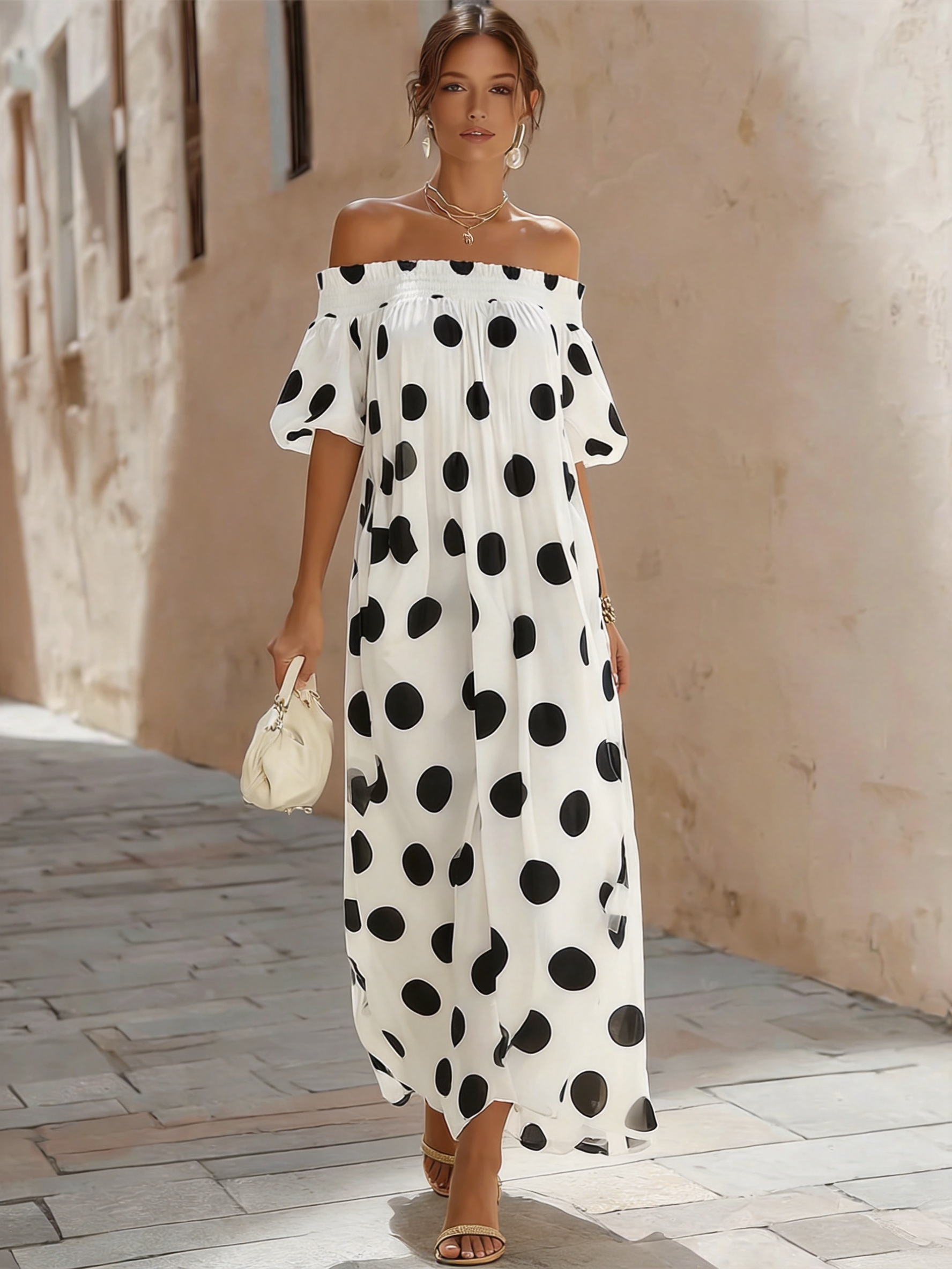 Off-Shoulder Polka Dot Flowy Maxi Dress