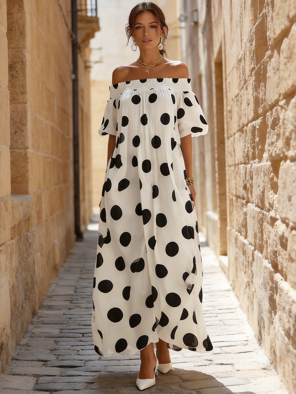 Off-Shoulder Polka Dot Flowy Maxi Dress