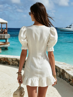 Resort-style V-neck Puff Sleeve Ruffle Mini Dress
