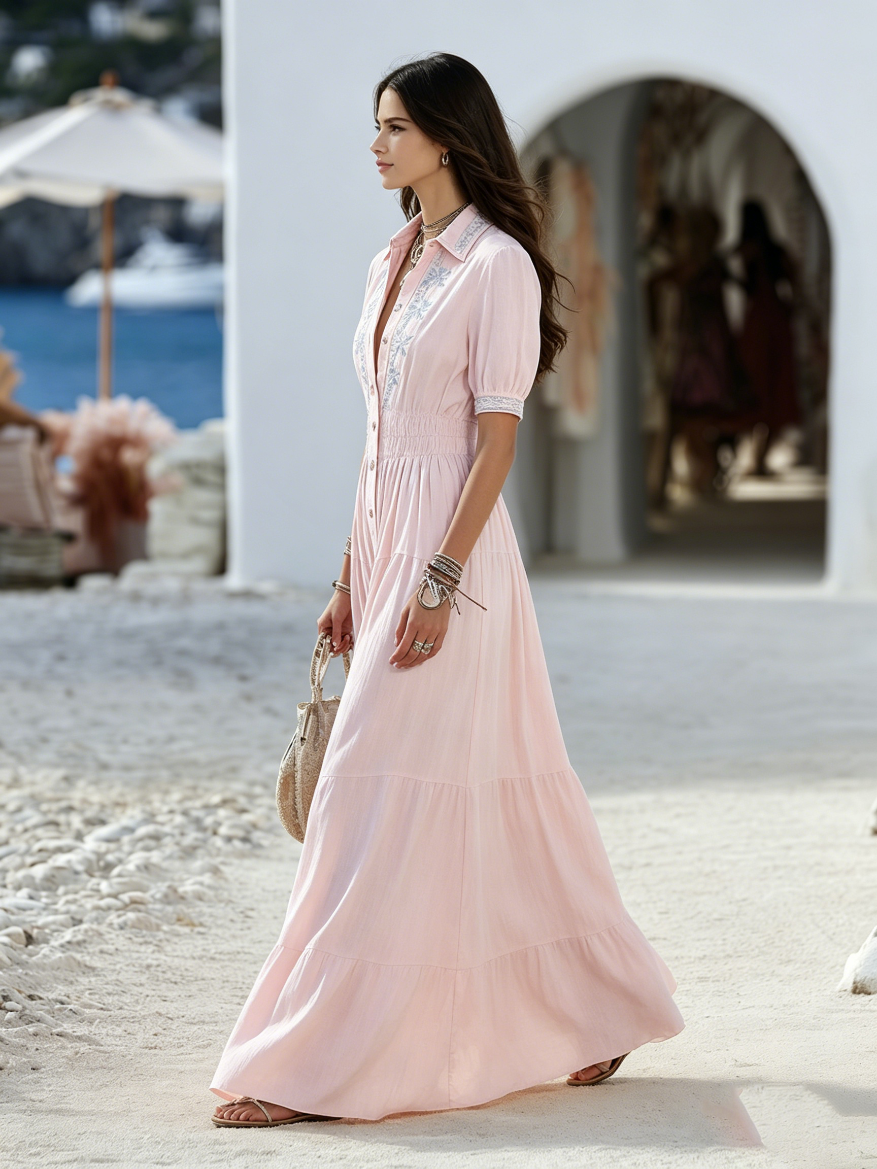 Resort-style V-neck embroidered short-sleeve maxi dress