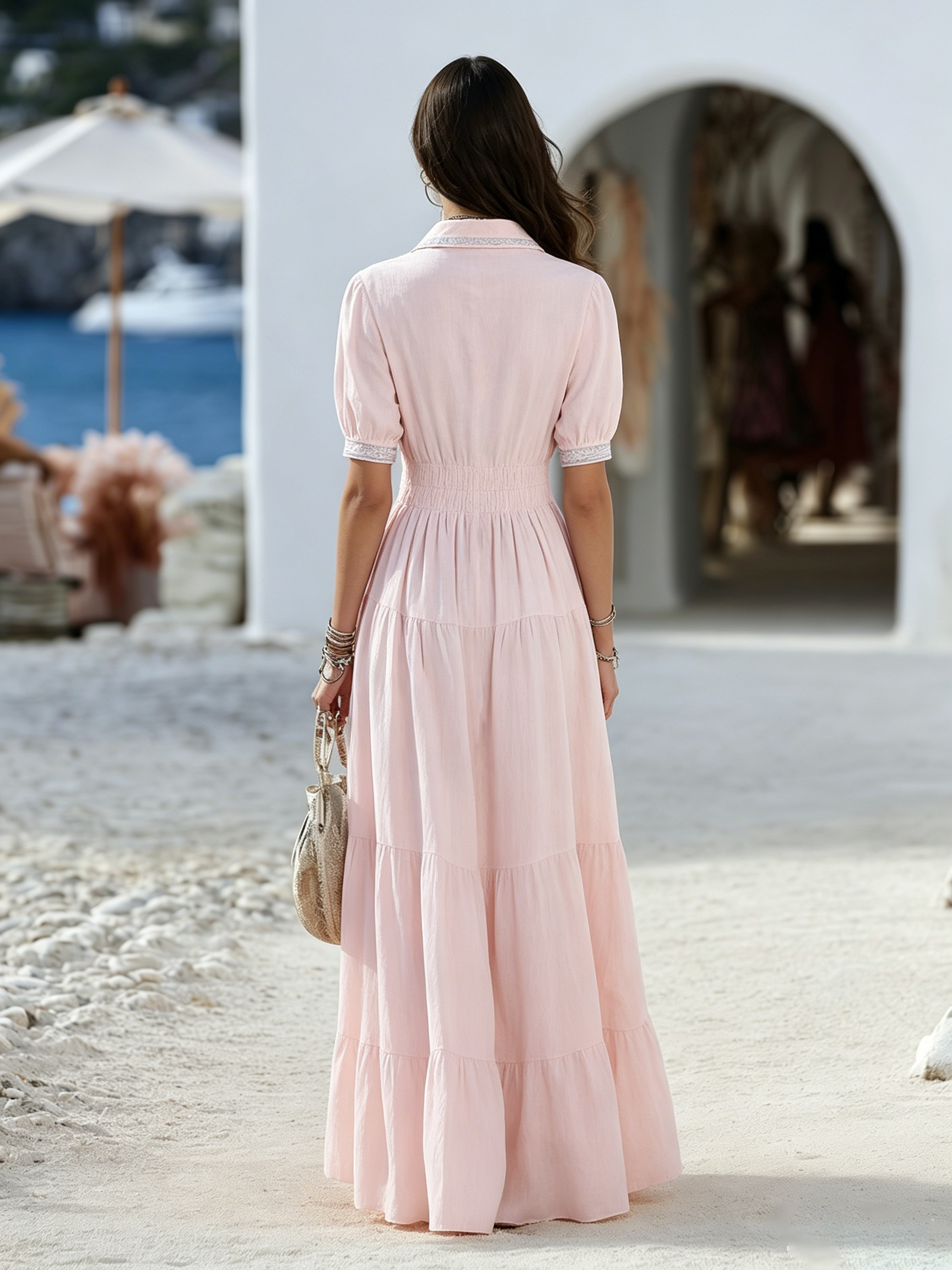 Resort-style V-neck embroidered short-sleeve maxi dress