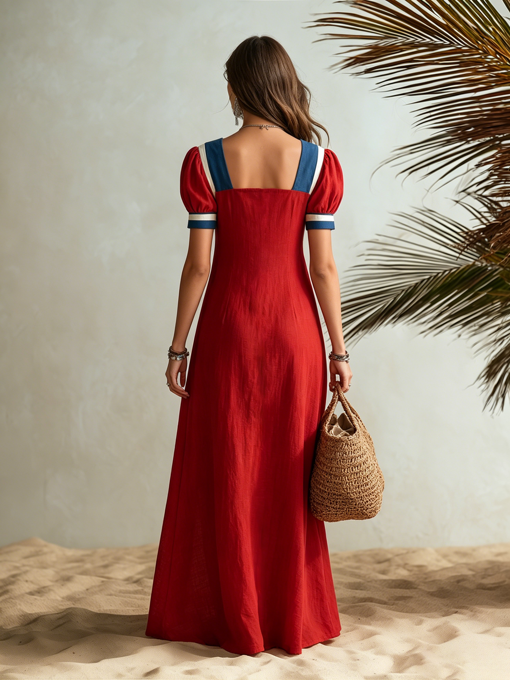 Vacation-style Short-sleeve Square-neck Button-front Maxi Dress