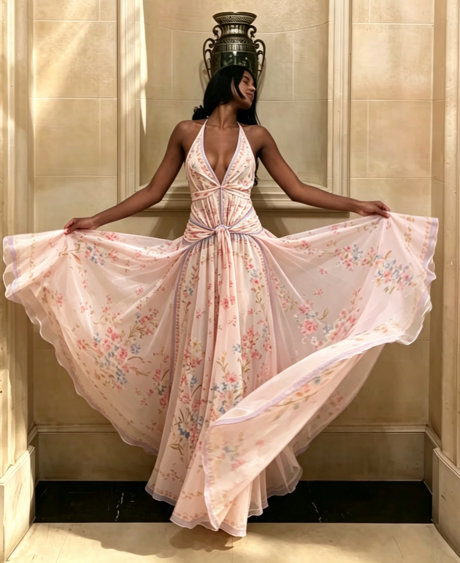 Light Blue Floral Halter Maxi Dress