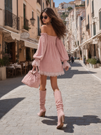 Retro-chic Off-shoulder Lace Trim Faux Suede Mini Dress