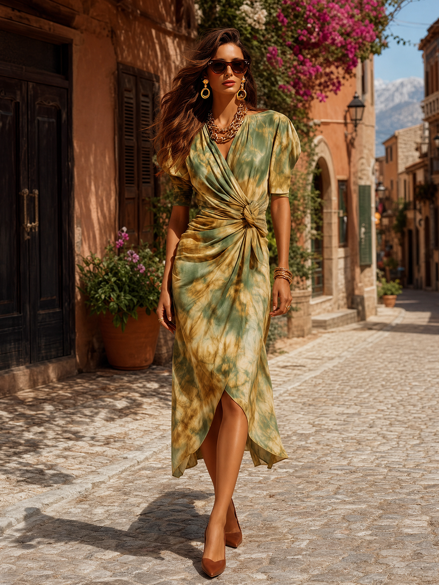 Vacation Sexy V-neck Tie-dye Print Midi Dress