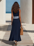 Nautical Resort Navy Rib Knit Striped Waistband Midi Dress