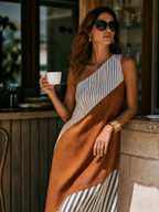 Minimalist Summer Asymmetrical One-Shoulder Colorblock Linen Blend Maxi Dress