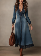 Blue Denim Lace Trim Midi Dress