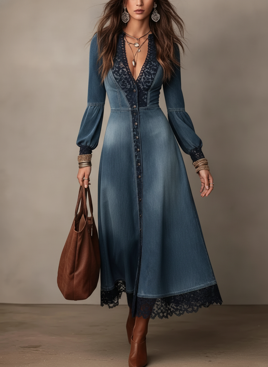 Blue Denim Lace Trim Midi Dress